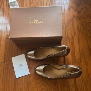 COACH Metallic Bronze Rounded-Toe Leather Heels